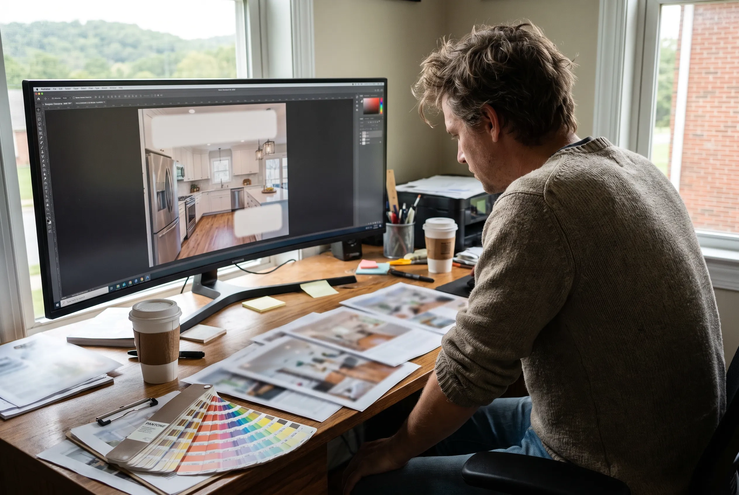 A designer laying out a contractor’s full-page magazine ad on a large monitor, printed proofs on the desk