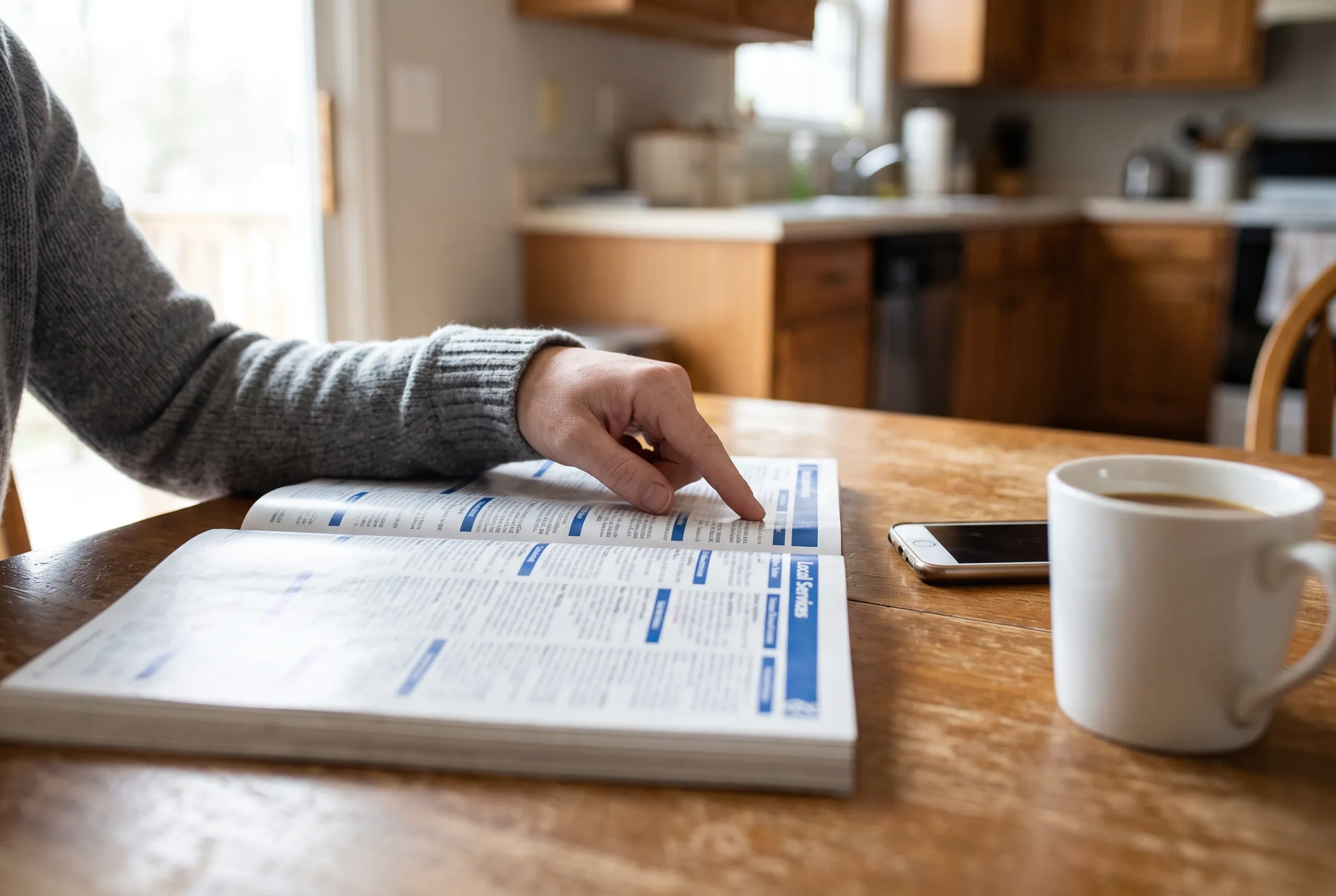 A homeowner’s finger resting on one listing in a magazine’s directory pages at a kitchen table, a phone and a mug of coffee beside the magazine