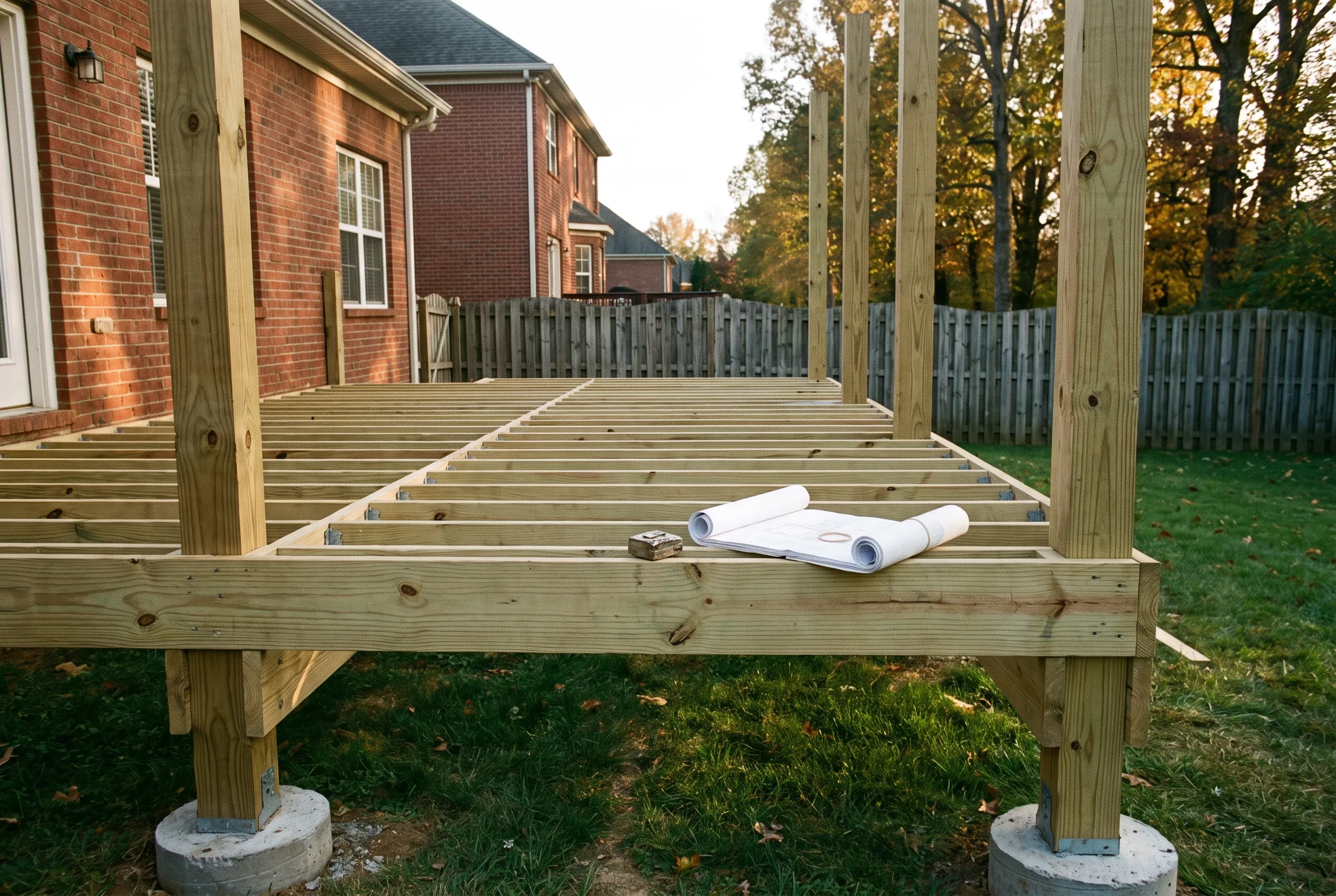 New deck framing on concrete footings behind a brick house, rolled plans resting on a joist