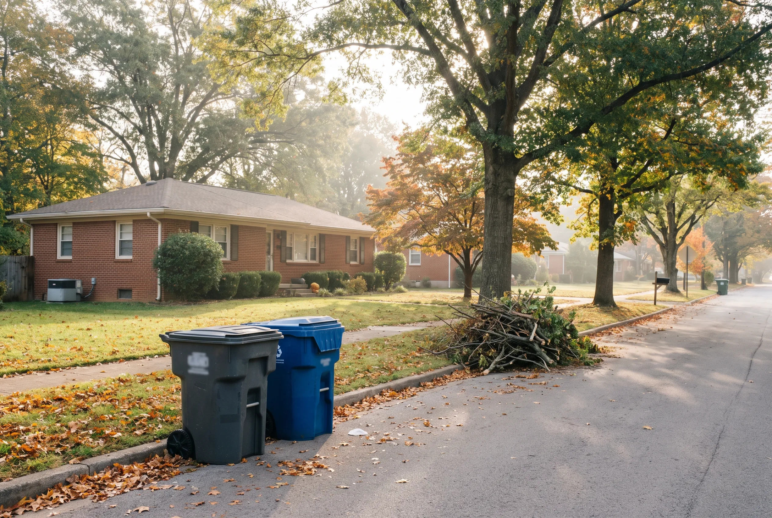A trash cart and a recycling cart at the curb of a brick ranch house, a pile of cut branches beside them