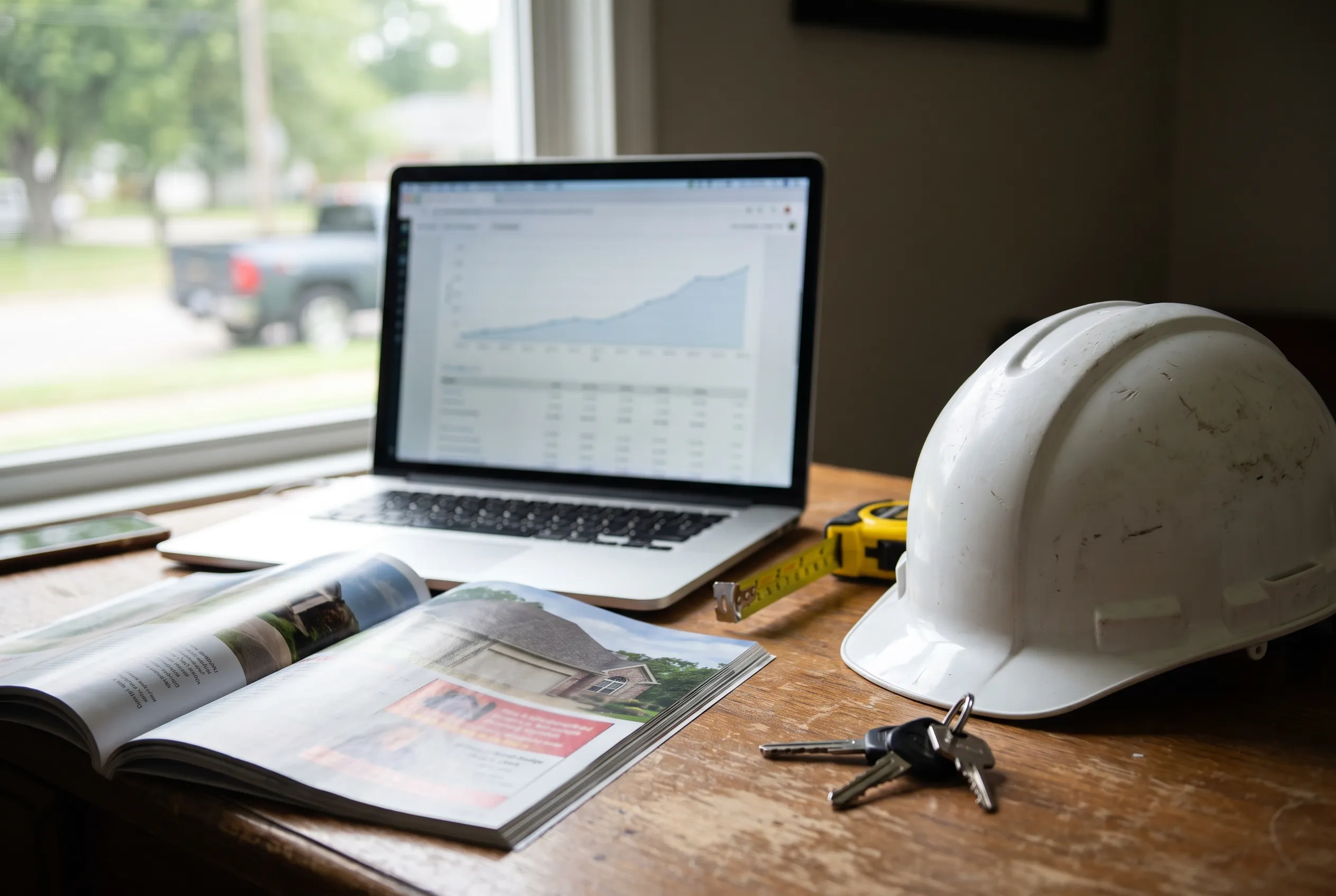 A contractor’s desk with a laptop showing a pay-per-click dashboard beside an open home services magazine