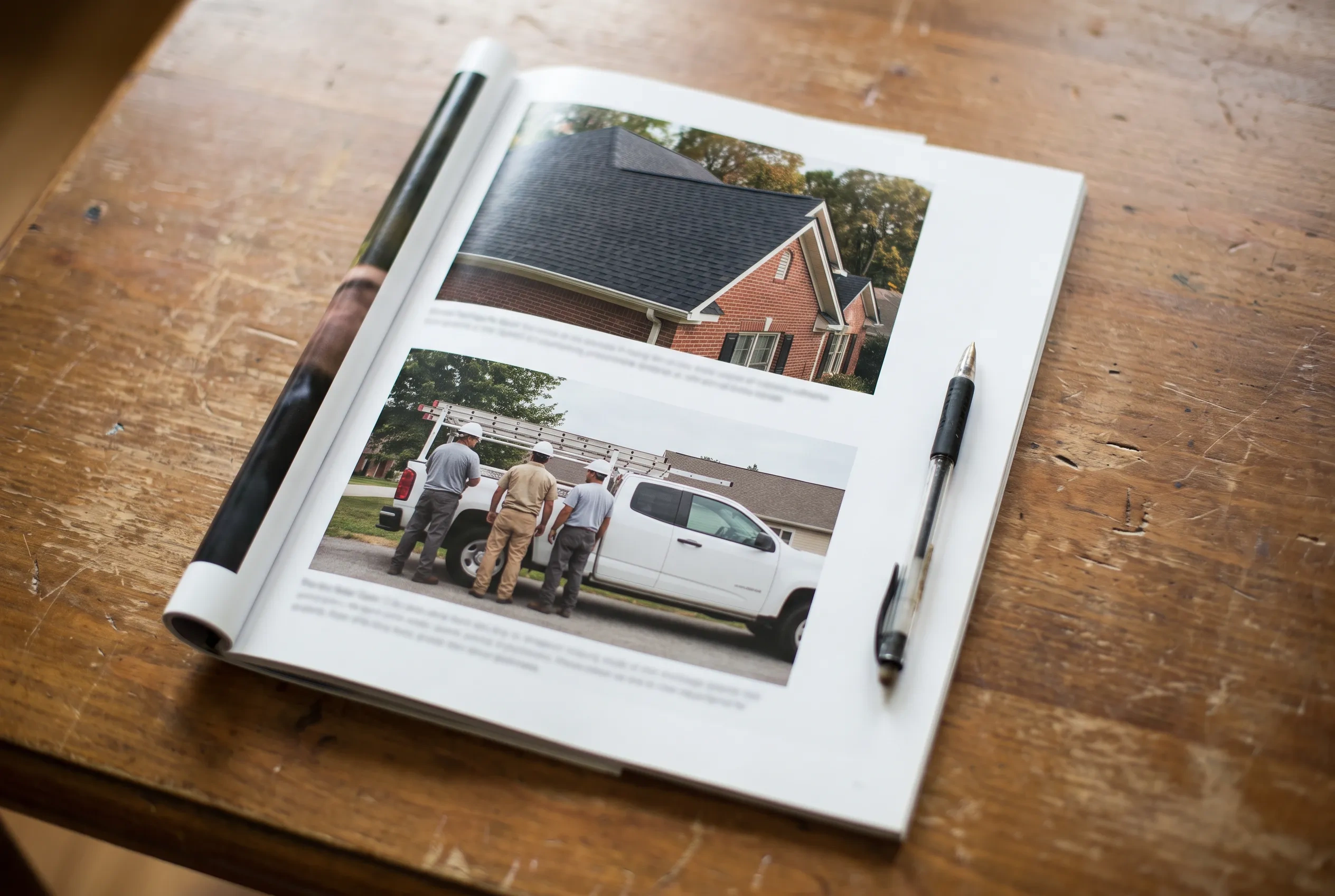 A magazine page carrying just two roofing ads, each with a photograph of the company’s work