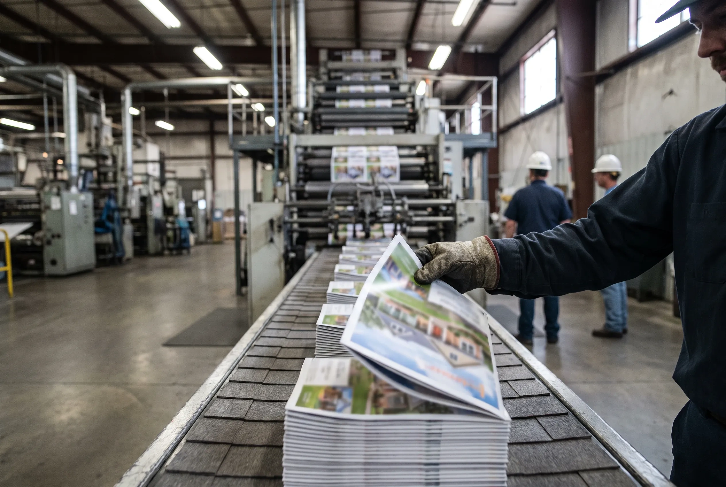 Freshly printed magazines stacking at the end of a printing press as a pressman lifts one to check it